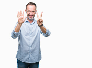 Middle age hoary senior business man over isolated background showing and pointing up with fingers number seven while smiling confident and happy.