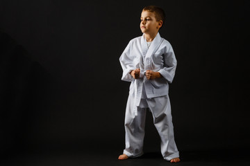 Portrait of little boy training karate isolated on gray background