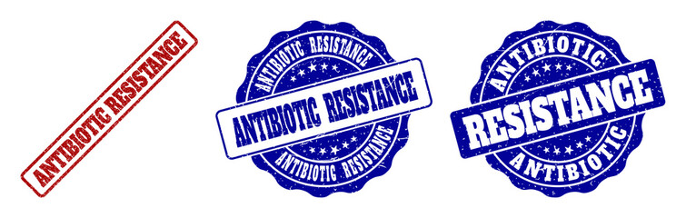 ANTIBIOTIC RESISTANCE grunge stamp seals in red and blue colors. Vector ANTIBIOTIC RESISTANCE watermarks with grunge effect. Graphic elements are rounded rectangles, rosettes,