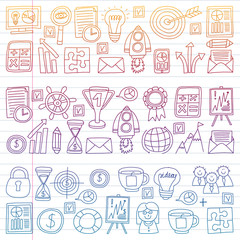 Vector set of bussines icons in doodle style. colorful gradient on a piece of paper in line.