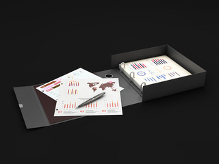 Ring binder folder with charts, 3d Illustration. Office cardboard folder branding presentation