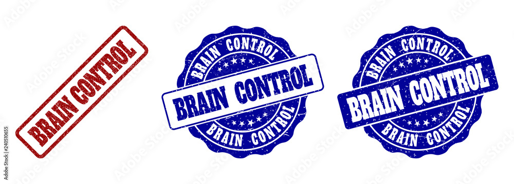 Poster brain control grunge stamp seals in red and blue colors. vector brain control labels with grunge sur