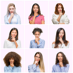 Collage of young women over pink isolated background looking confident at the camera with smile with crossed arms and hand raised on chin. Thinking positive.
