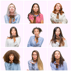 Collage of young women over pink isolated background looking at the camera blowing a kiss with hand on air being lovely and sexy. Love expression.