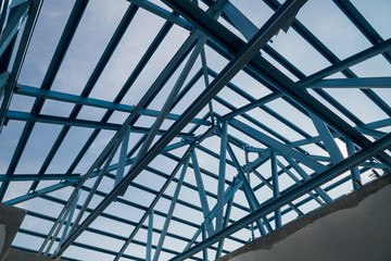 Structure of steel roof frame for building construction.