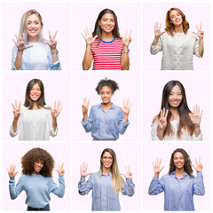 Collage of young women over pink isolated background showing and pointing up with fingers number eight while smiling confident and happy.