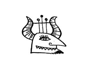 Head dash with horns in the form of a harp.