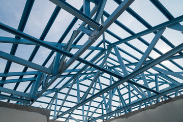Structure of steel roof frame for building construction.