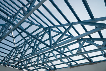 Structure of steel roof frame for building construction.