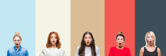 Collage of group of beautiful casual woman over vintage autumn colors isolated background afraid and shocked with surprise expression, fear and excited face.