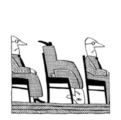 A man sitting in a chair upside down. Satirical drawing.