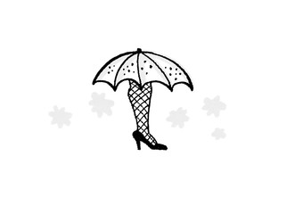 Female leg in stockings under the umbrella.