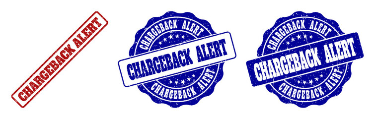 Fototapeta premium CHARGEBACK ALERT grunge stamp seals in red and blue colors. Vector CHARGEBACK ALERT imprints with dirty surface. Graphic elements are rounded rectangles, rosettes, circles and text tags.
