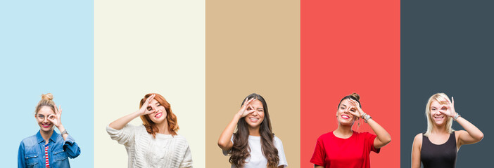 Collage of group of beautiful casual woman over vintage autumn colors isolated background doing ok gesture with hand smiling, eye looking through fingers with happy face.