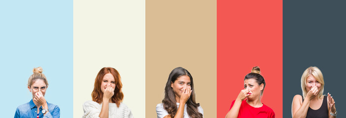 Collage of group of beautiful casual woman over vintage autumn colors isolated background smelling...