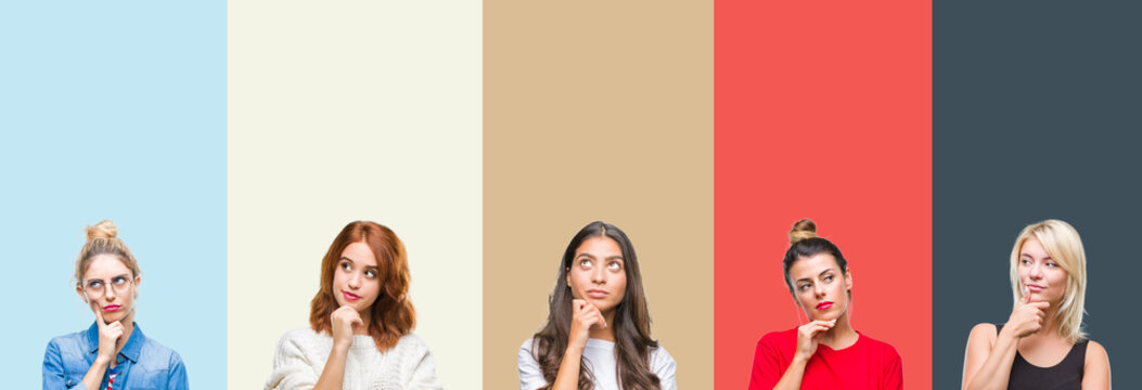 Collage of group of beautiful casual woman over vintage autumn colors isolated background with hand on chin thinking about question, pensive expression. Smiling with thoughtful face. Doubt concept.