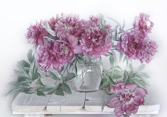 Beautiful bouquet of pink peonies in a vase with water on a table on a white background