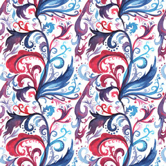 Hand drawn abstract watercolor seamless pattern with floral ornament, curls, wavy lines, doodles
