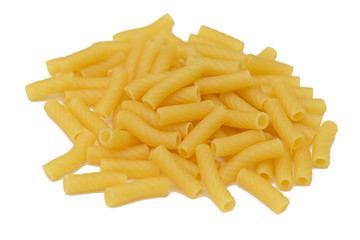 heap of macaroni in the form of tubes with a spiral on a white background