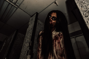 Portrait of asian woman make up ghost face,Horror scene,Scary background,Halloween poster