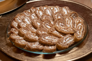 Christmas yule log, buckwheat dough and cream filling