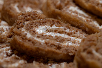 Christmas yule log, buckwheat dough and cream filling