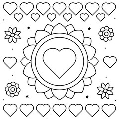 Coloring page. Vector illustration of flowers and hearts.