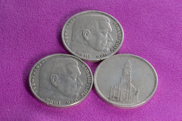 Silver coin of the early 20th century, Germany. Third Reich, 5 marks, 1936. Paul von Hindenburg....