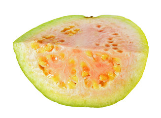 Slice of pink apple guava (Psidium guajava) fruit isolated on white background