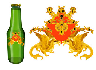 étiquette floral de la bière, bouteille, vinaigre, dragon, doré, millésime, vert, décoration,...