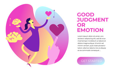 Flat design illustration for presentation, web, landing page: a woman balances and chooses mind or heart, calculation or emotions.