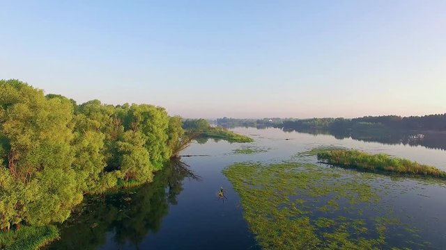 fly over morning river, aerial view of river and the islands 4K, forest and river, aerial view of river at sunrise, Aerial view of mystical river and hills