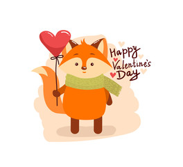Cute cartoon lovely red fox with pink large heart
