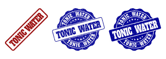 TONIC WATER grunge stamp seals in red and blue colors. Vector TONIC WATER labels with dirty surface. Graphic elements are rounded rectangles, rosettes, circles and text labels.