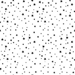 Seamless vector pattern with black and white stars of various sizes on white background. Childish background for postcards, wallpaper, papers, textiles, bed linen, tissue 1.2