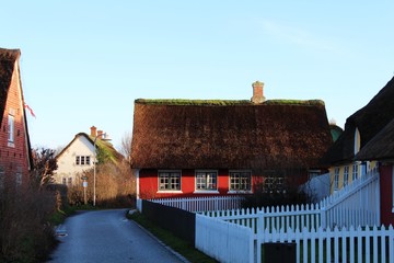 Traditionelles Haus mit Reetdach im Dorf Sönderho auf der Insel Fanö, Dänemark