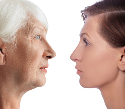 comparison old and young two female faces, aging process
