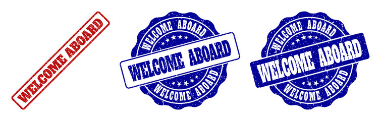 Obraz premium WELCOME ABOARD scratched stamp seals in red and blue colors. Vector WELCOME ABOARD labels with scratced style. Graphic elements are rounded rectangles, rosettes, circles and text labels.