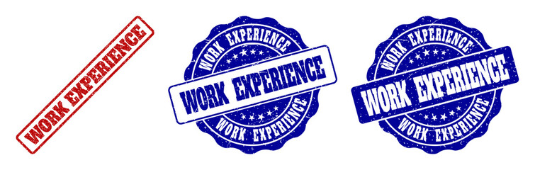 Obraz premium WORK EXPERIENCE grunge stamp seals in red and blue colors. Vector WORK EXPERIENCE labels with grainy style. Graphic elements are rounded rectangles, rosettes, circles and text labels.