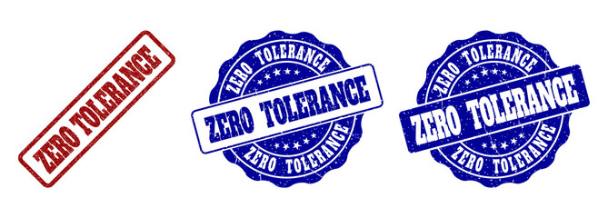 ZERO TOLERANCE grunge stamp seals in red and blue colors. Vector ZERO TOLERANCE labels with distress style. Graphic elements are rounded rectangles, rosettes, circles and text labels.