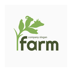 Farm logo with animals. Label for agricultural animals, natural farm products. Green logotype isolated on white background. Vector illustration of cow, pig, ram, chicken