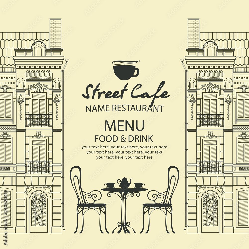 Poster vector menu for sidewalk street cafe with table and chairs on the background of old european town wi