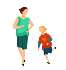 Family young dad with teenager son running together in sport clothes simple flat vector illustration for sport and family design