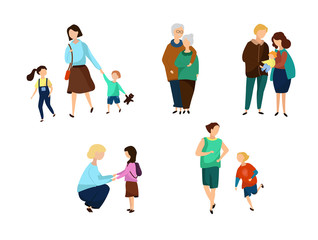 Set of different parts of families mother father son daughter grandparents together standing and doing isolated on white background flat vector illustration 