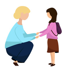 Family of young mother on their haunches and little daughter standing in front looking eye to eye isolated on white baground flat vector illustration