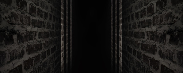Background of an empty corridor with brick walls, spotlight, smoke, neon light