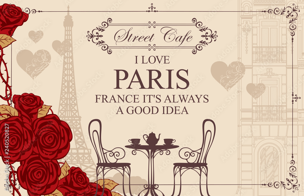Aufkleber vector menu for parisian street cafe with view of the eiffel tower and old buildings, with table and
