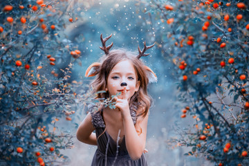spirit of the forest in the form of a child in a light brown dress, a baby deer playfully leads into the forest, the little faun keeps the secret and hides in the berry bushes, the winter cold colors