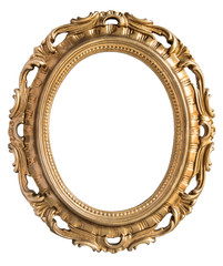 Vintage gilded round frame with an ornament isolated on white. Retro style.