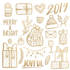 Golden Christmas line art set. Merry Christmas and Happy New Year